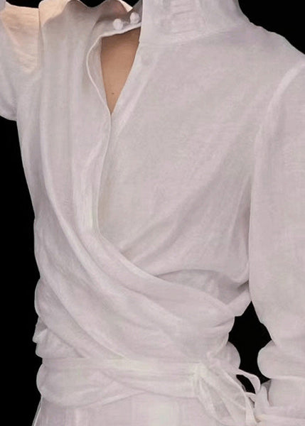 Original White Stand Collar Lace Up Linen Two Piece Suit Set Spring YZ016 ABC