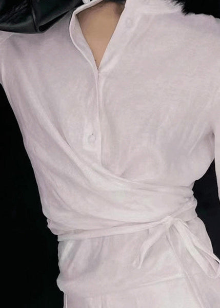 Original White Stand Collar Lace Up Linen Two Piece Suit Set Spring YZ016 ABC