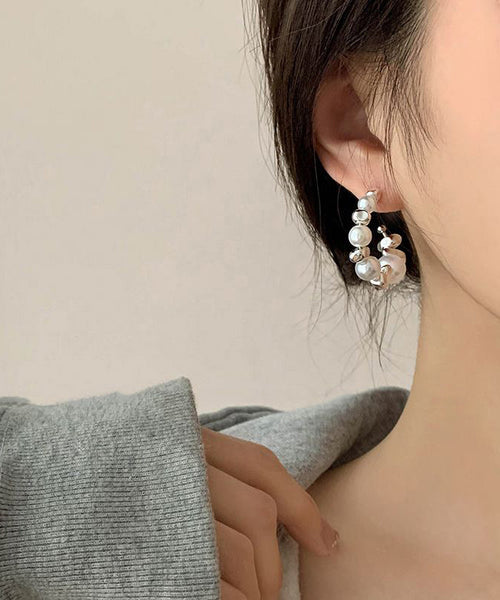 Sterling Hoop White Earrings Silver Original Pearl Broken FashionChic