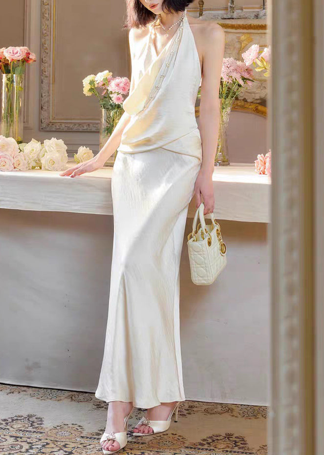 Original Pearl Long Silk Neck Backless White V Dress Sleeveless FashionChic
