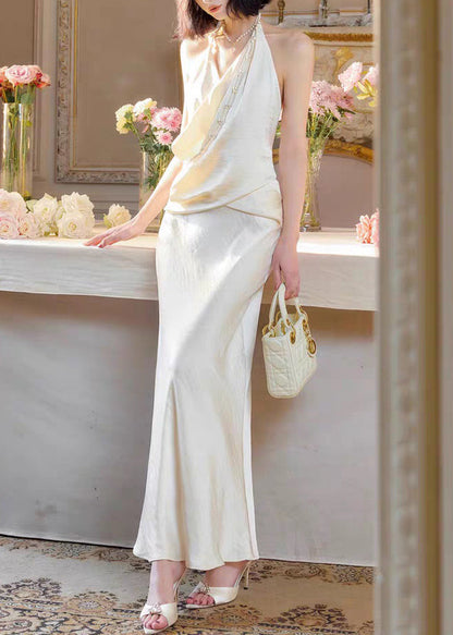 Original Pearl Long Silk Neck Backless White V Dress Sleeveless FashionChic