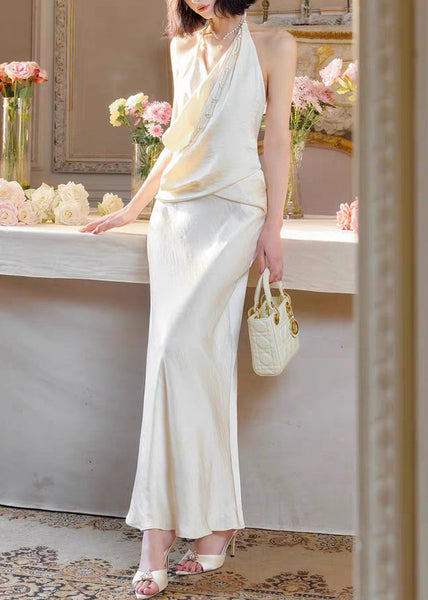 Original Pearl Long Silk Neck Backless White V Dress Sleeveless FashionChic