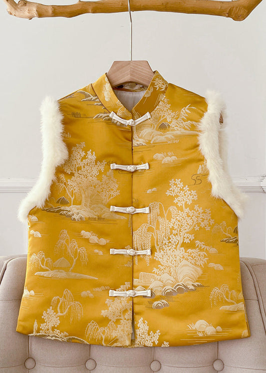 Original Yellow Button Fluffy Silk Sleeveless Waistcoat Stand Collar QO077 MZF-DJK241008