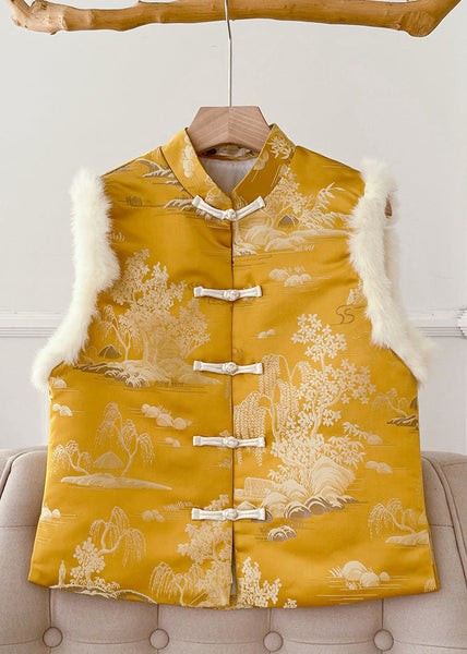 Original Yellow Button Fluffy Silk Sleeveless Waistcoat Stand Collar QO077 MZF-DJK241008