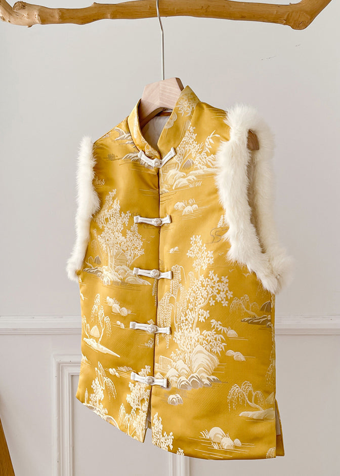 Original Yellow Button Fluffy Silk Sleeveless Waistcoat Stand Collar QO077 MZF-DJK241008