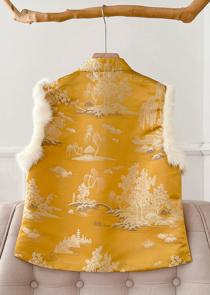 Original Yellow Button Fluffy Silk Sleeveless Waistcoat Stand Collar QO077 MZF-DJK241008