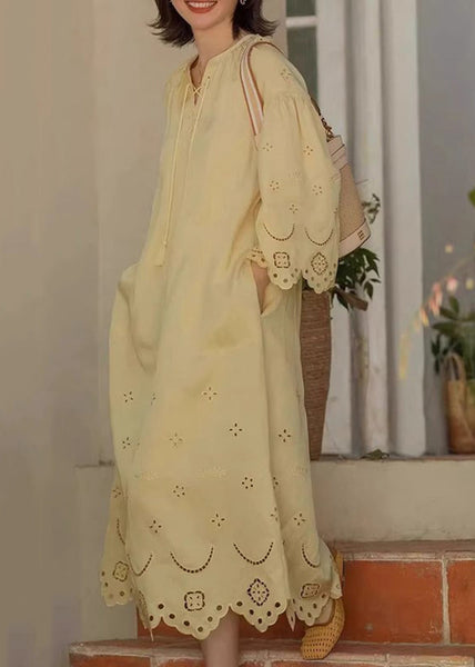 Cotton Lace Hollow Long Original Dresses Out Up Fall Yellow FashionChic