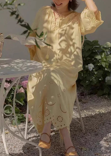 Cotton Lace Hollow Long Original Dresses Out Up Fall Yellow FashionChic
