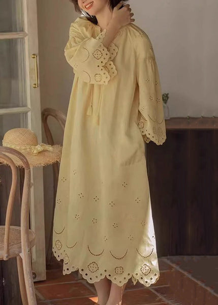 Cotton Lace Hollow Long Original Dresses Out Up Fall Yellow FashionChic