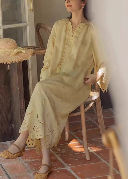Cotton Lace Hollow Long Original Dresses Out Up Fall Yellow FashionChic