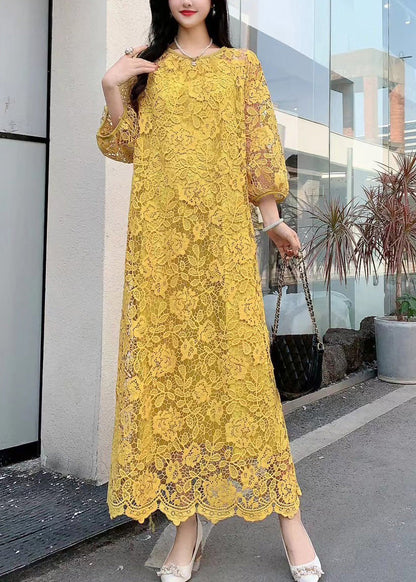 Original Yellow O Neck Hollow Out Embroidered Lace Dresses Summer XX061 SH-LF-SDL240611