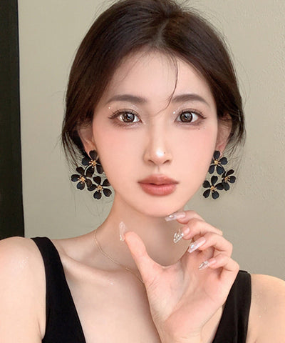 Oversize Black Sterling Silver Alloy Floral Stud Earrings ET018 ABC