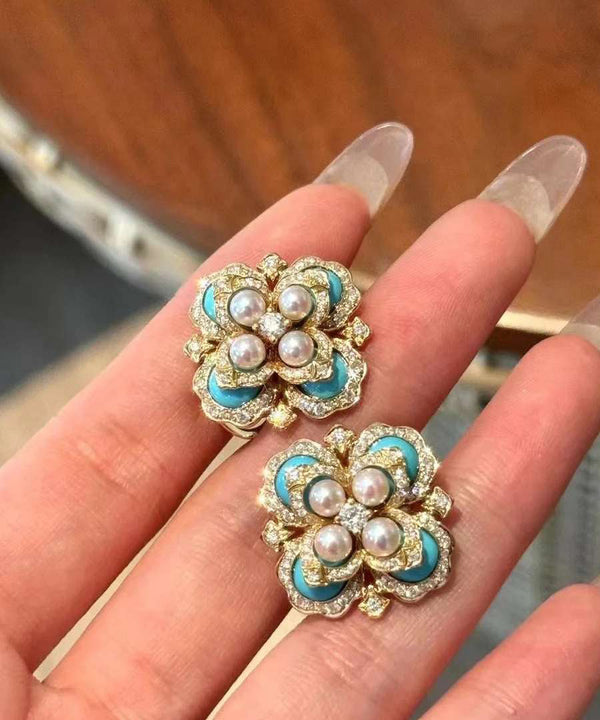 Oversize Colorblock Alloy Pearl Zircon Turquoise Stud Earrings QI055 JEW-EAR240928