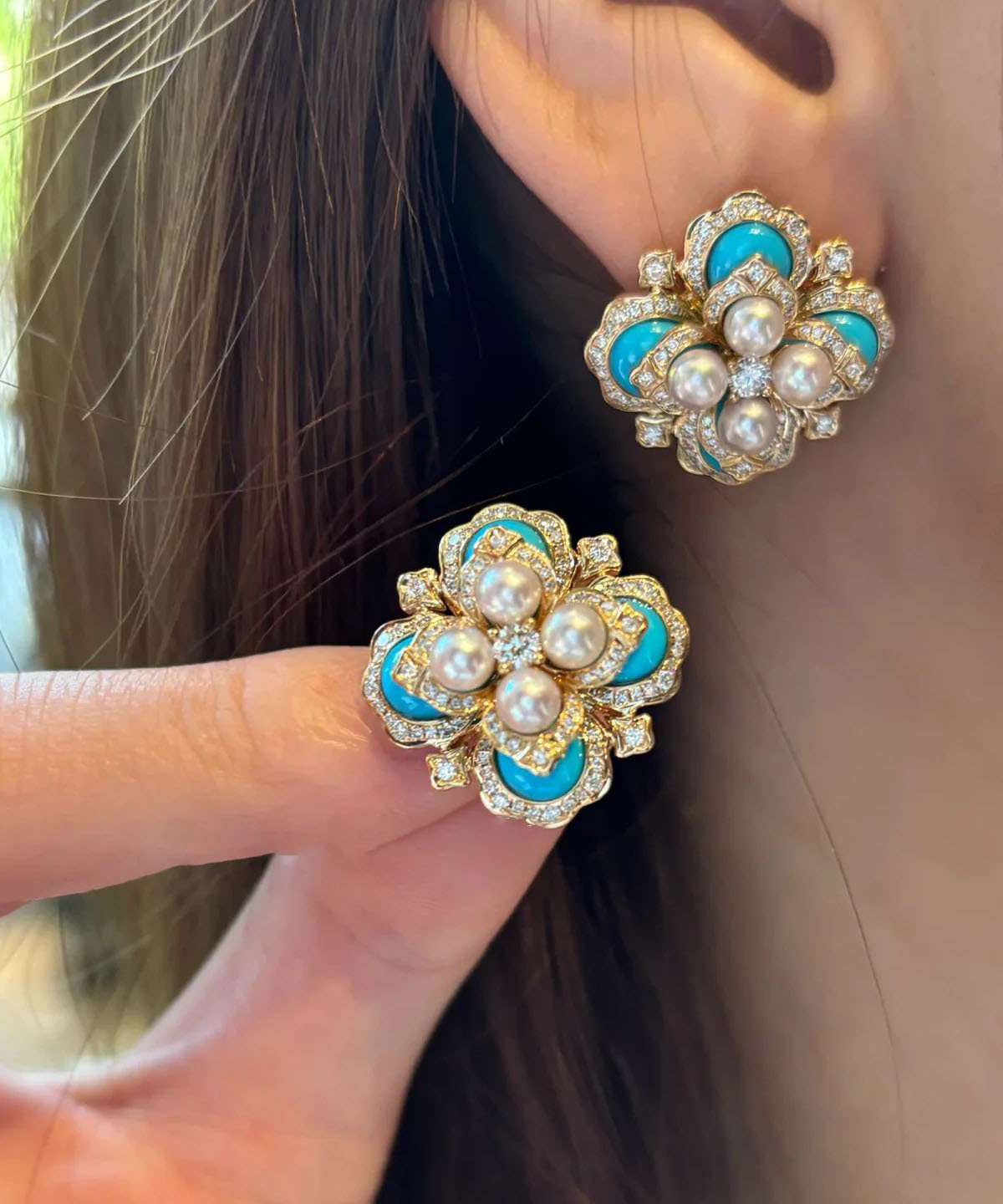 Oversize Colorblock Alloy Pearl Zircon Turquoise Stud Earrings QI055 JEW-EAR240928