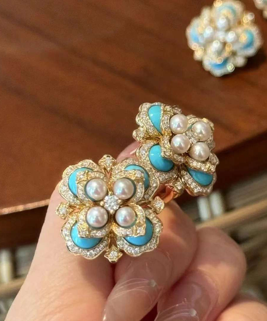 Oversize Colorblock Alloy Pearl Zircon Turquoise Stud Earrings QI055 JEW-EAR240928