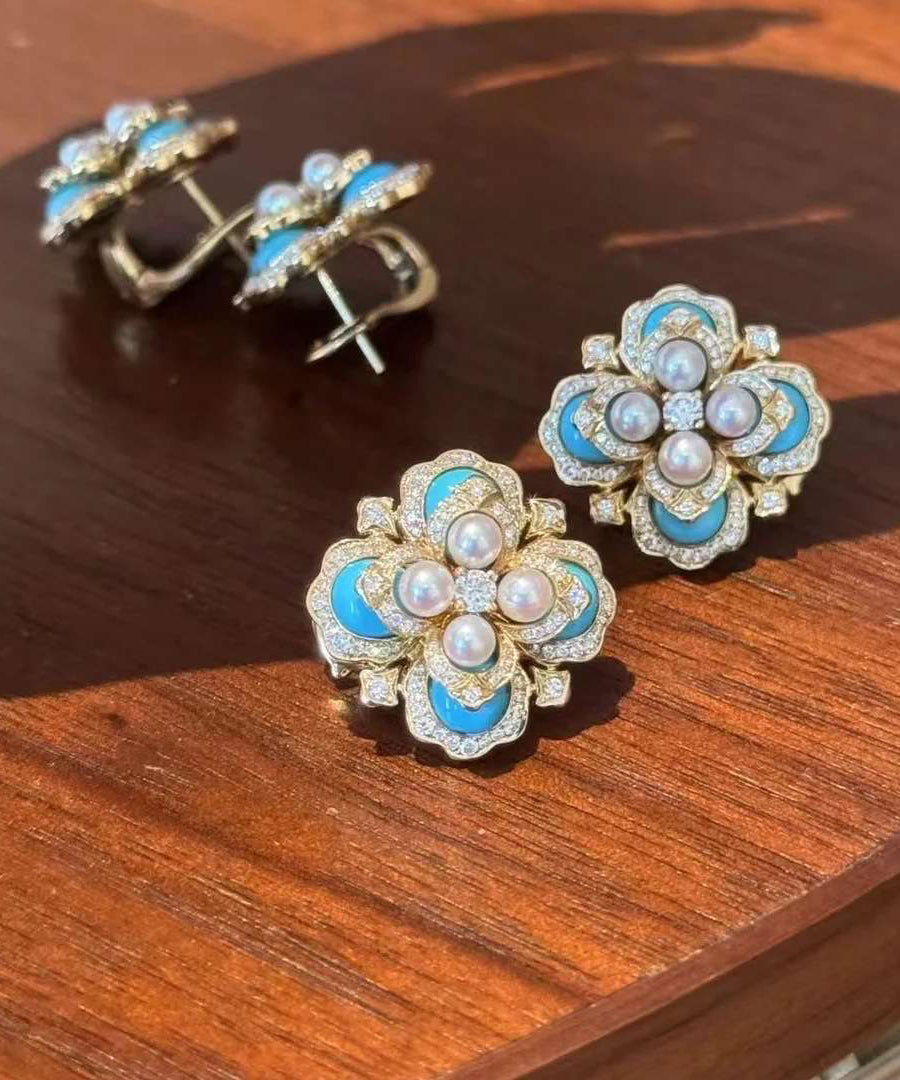 Oversize Colorblock Alloy Pearl Zircon Turquoise Stud Earrings QI055 JEW-EAR240928