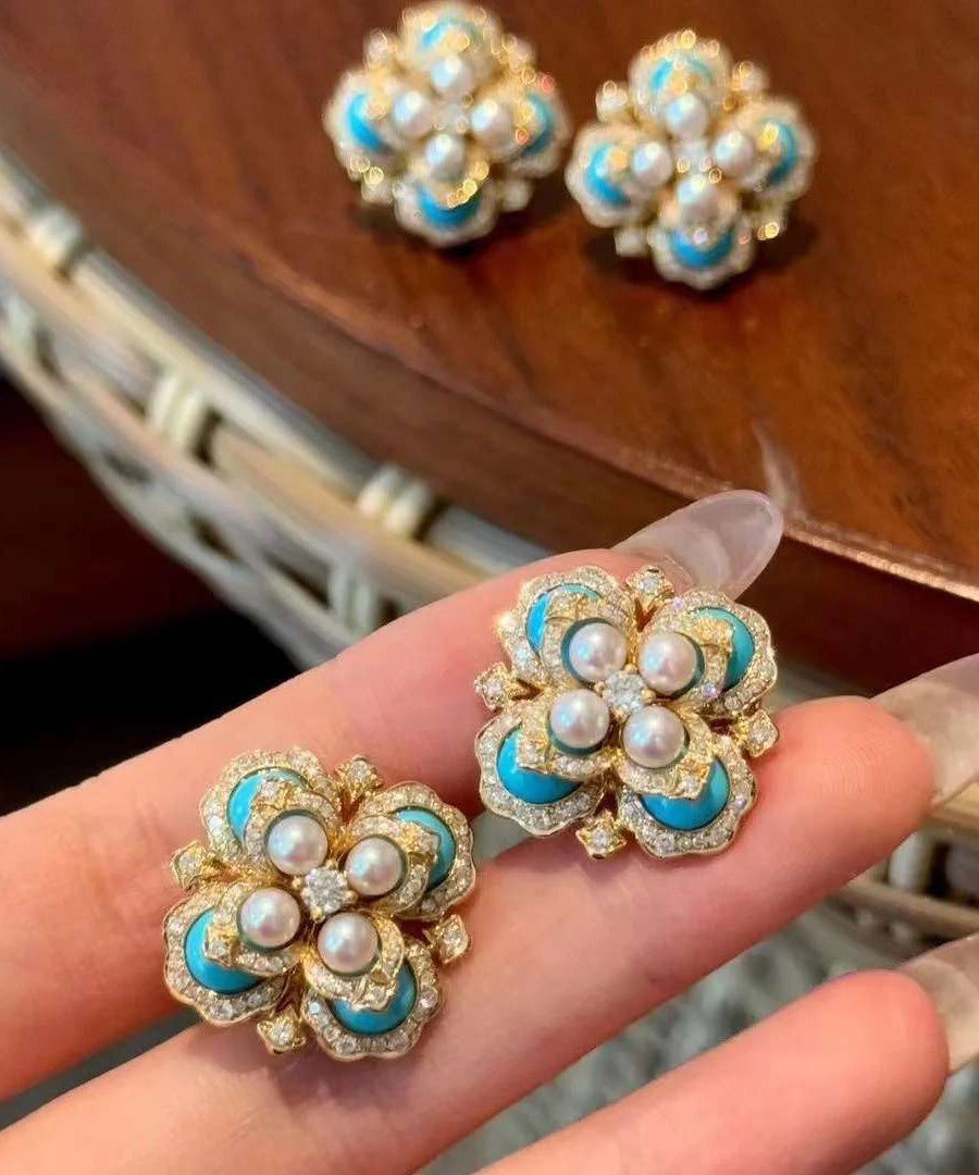 Oversize Colorblock Alloy Pearl Zircon Turquoise Stud Earrings QI055 JEW-EAR240928