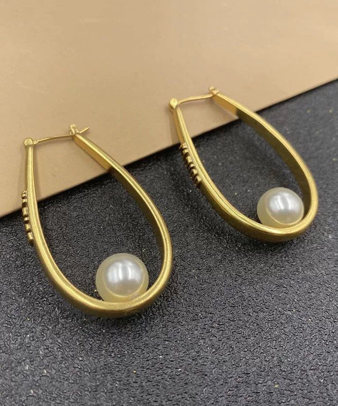 Oversize Gold Copper Overgild Elliptical Pearl Letter Hoop Earrings QU043 JEW-EAR241007