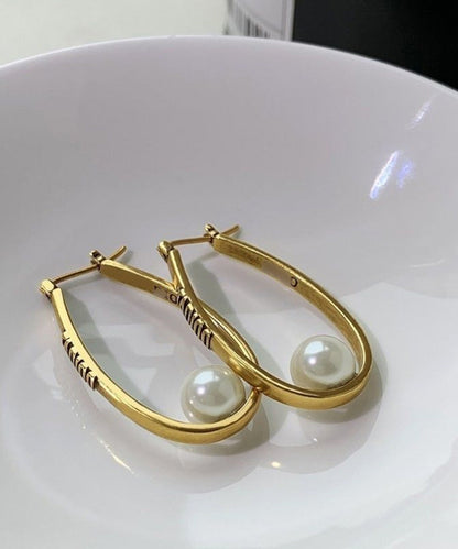 Oversize Gold Copper Overgild Elliptical Pearl Letter Hoop Earrings QU043 JEW-EAR241007