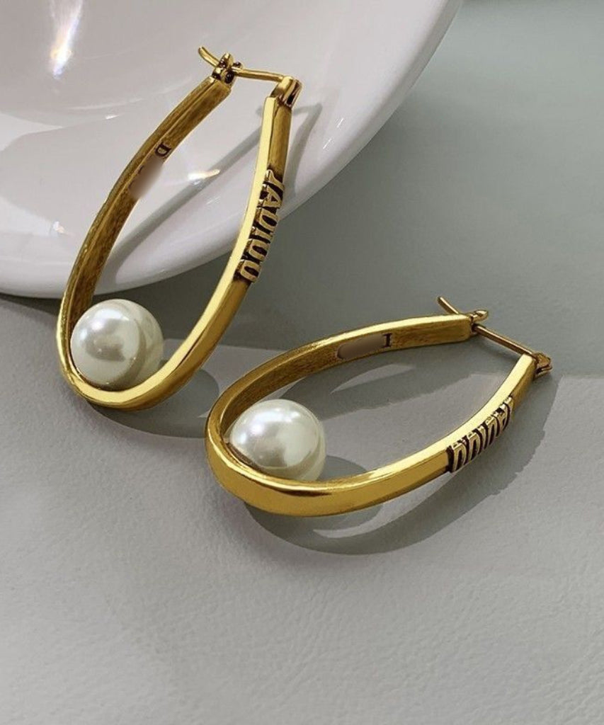 Oversize Gold Copper Overgild Elliptical Pearl Letter Hoop Earrings QU043 JEW-EAR241007