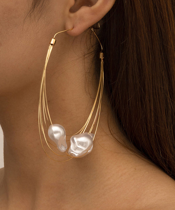 Oversize Gold Multiple Layers Metal Pearl Hoop Earrings ZZ008 JEW-EAR240613