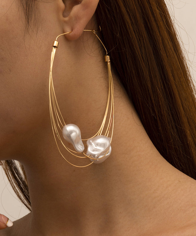 Oversize Gold Multiple Layers Metal Pearl Hoop Earrings ZZ008 JEW-EAR240613