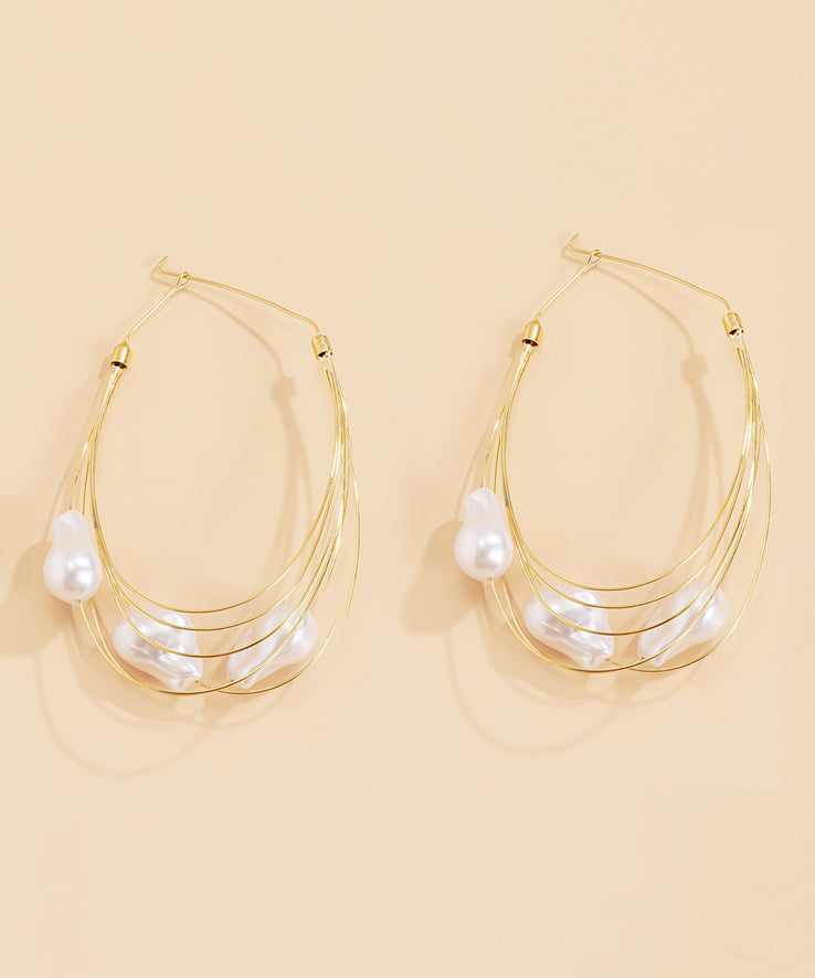 Oversize Gold Multiple Layers Metal Pearl Hoop Earrings ZZ008 JEW-EAR240613