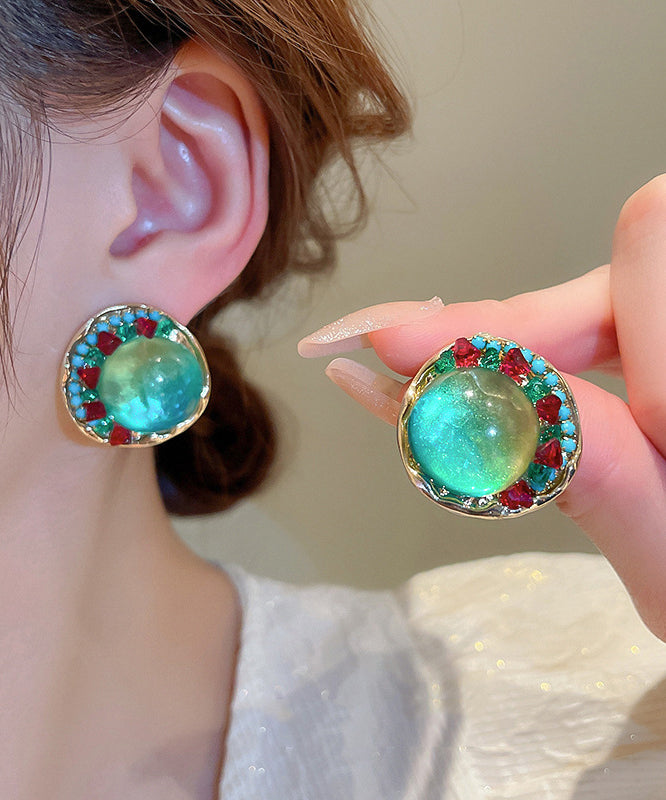 Oversize Green Sterling Silver Alloy Zircon Round Coloured Glaze Stud Earrings KX1025 Ada Fashion