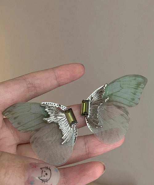 Oversize Light Green Sterling Silver Alloy Zircon Butterfly Stud Earrings RA013 ABC