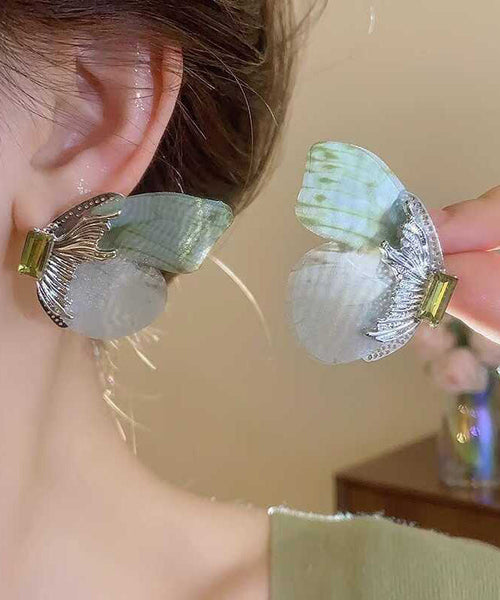 Oversize Light Green Sterling Silver Alloy Zircon Butterfly Stud Earrings RA013 ABC