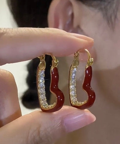 Hoop Drip Zircon Red Love Overgild Oversize Glaze Earrings Copper FashionChic