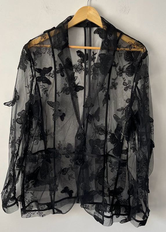 Oversized Black Notched Butterfly Embroidered Men Tulle Shirt Summer TR010 MZF-MENLTP240727