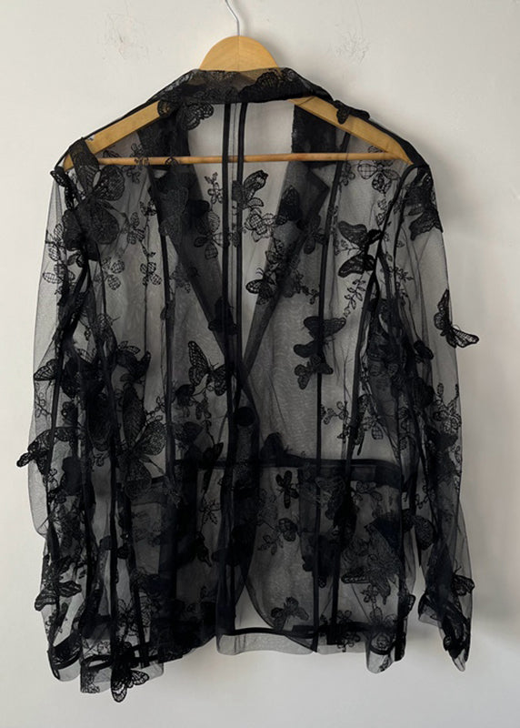 Oversized Black Notched Butterfly Embroidered Men Tulle Shirt Summer TR010 MZF-MENLTP240727