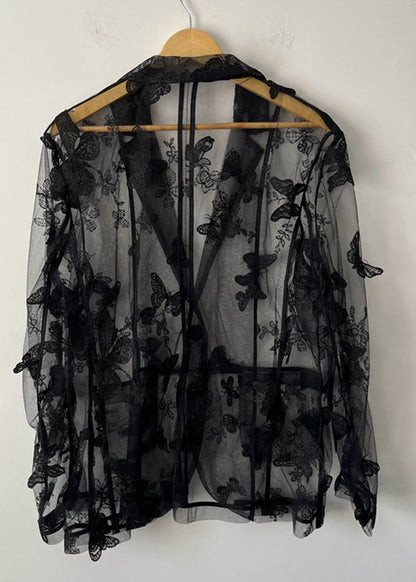 Oversized Black Notched Butterfly Embroidered Men Tulle Shirt Summer TR010 MZF-MENLTP240727