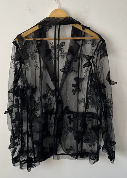 Oversized Black Notched Butterfly Embroidered Men Tulle Shirt Summer TR010 MZF-MENLTP240727