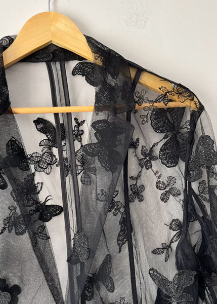 Oversized Black Notched Butterfly Embroidered Men Tulle Shirt Summer TR010 MZF-MENLTP240727