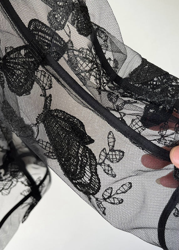 Oversized Black Notched Butterfly Embroidered Men Tulle Shirt Summer TR010 MZF-MENLTP240727