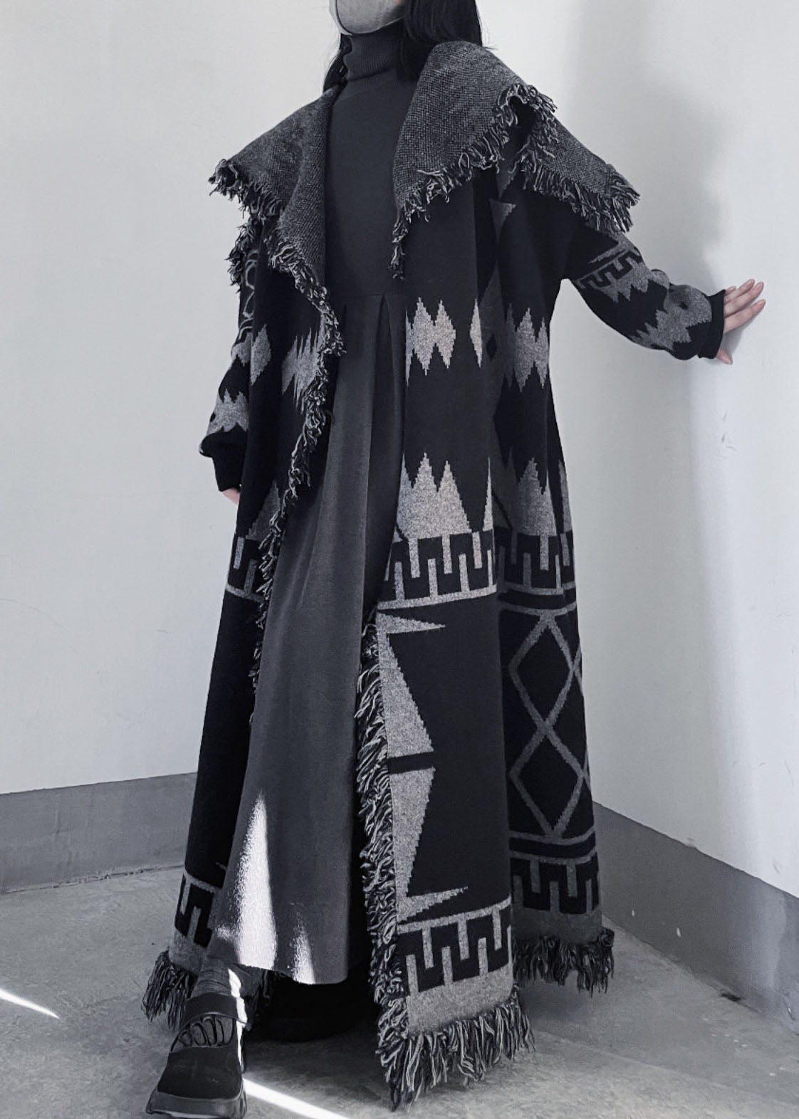 Oversized Black Peter Pan Collar Tassel Knit Coat Fall WE011 HS-NCT241028