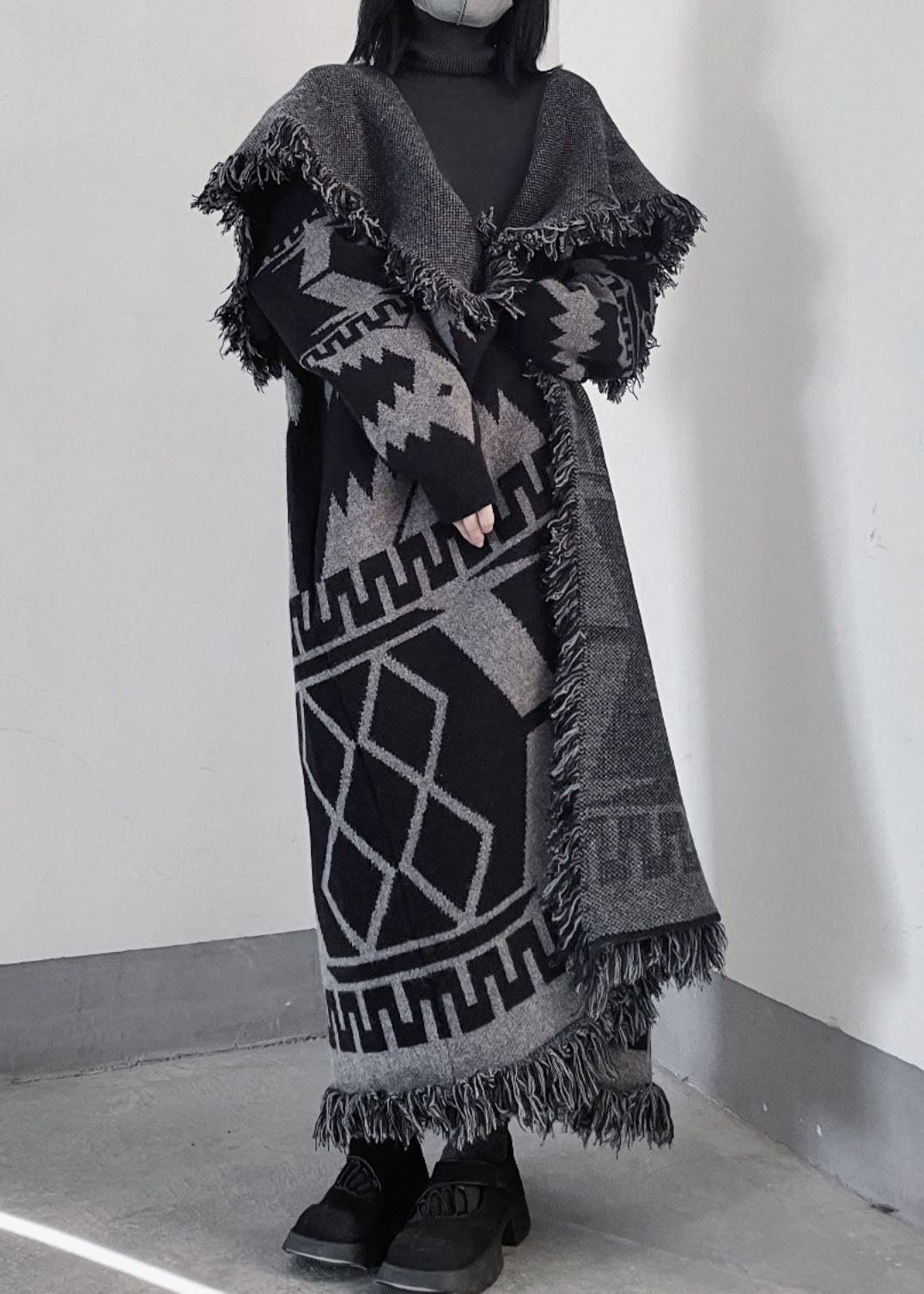 Oversized Black Peter Pan Collar Tassel Knit Coat Fall WE011 HS-NCT241028