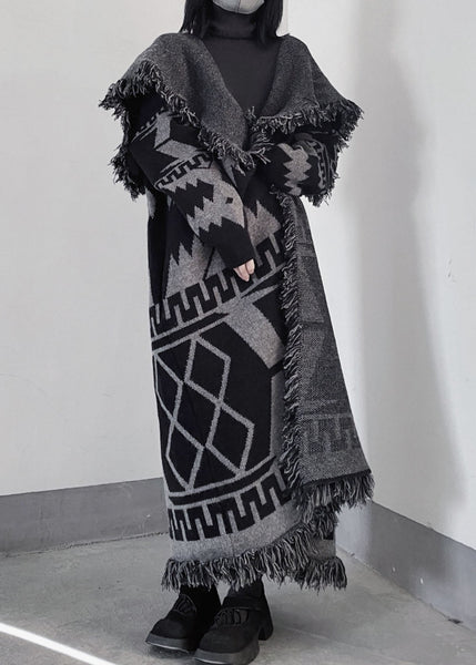 Oversized Black Peter Pan Collar Tassel Knit Coat Fall WE011 HS-NCT241028