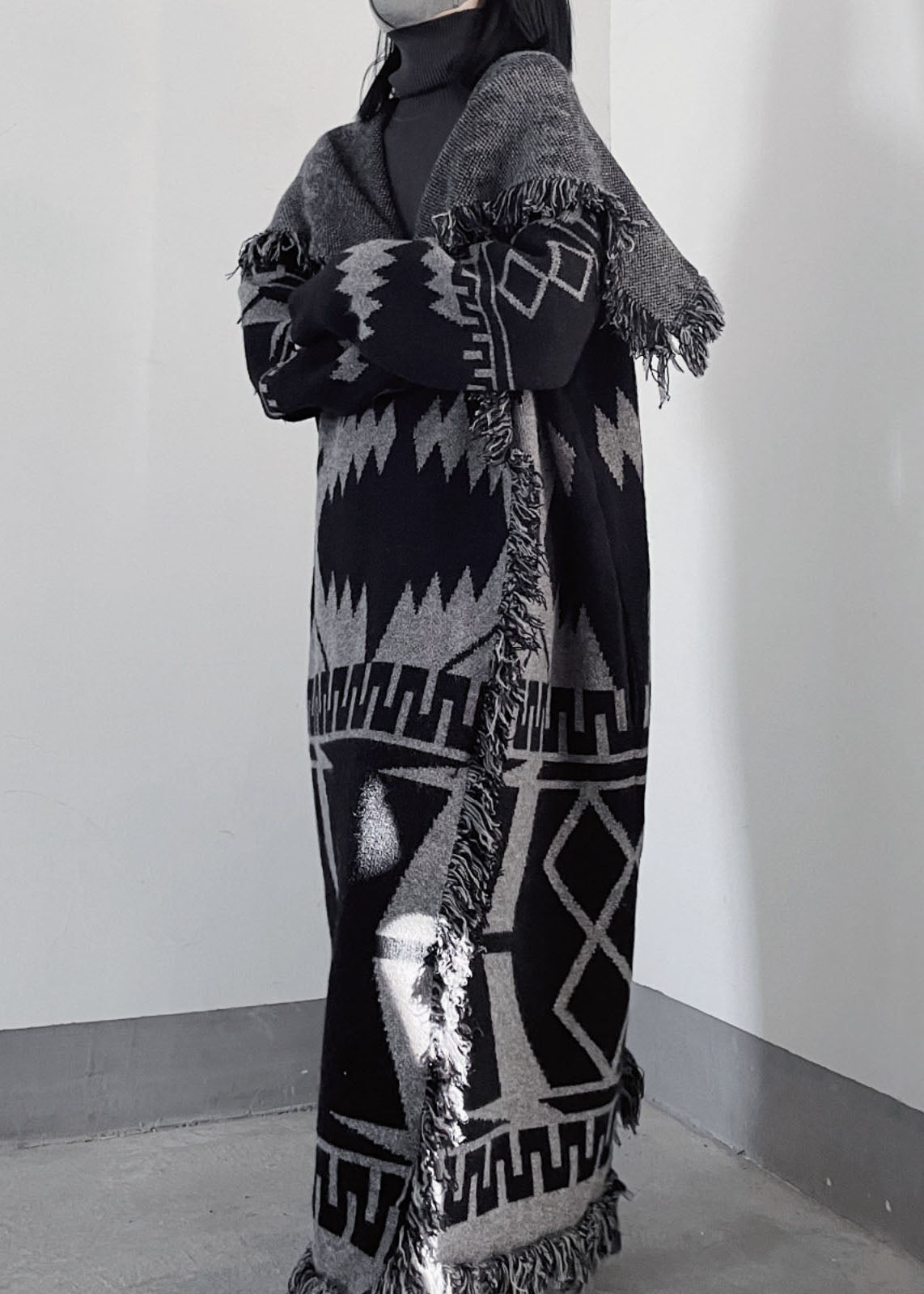 Oversized Black Peter Pan Collar Tassel Knit Coat Fall WE011 HS-NCT241028