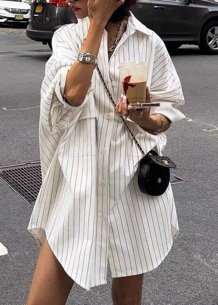 Oversized White Peter Pan Collar Striped Cotton Shirts Spring TL032