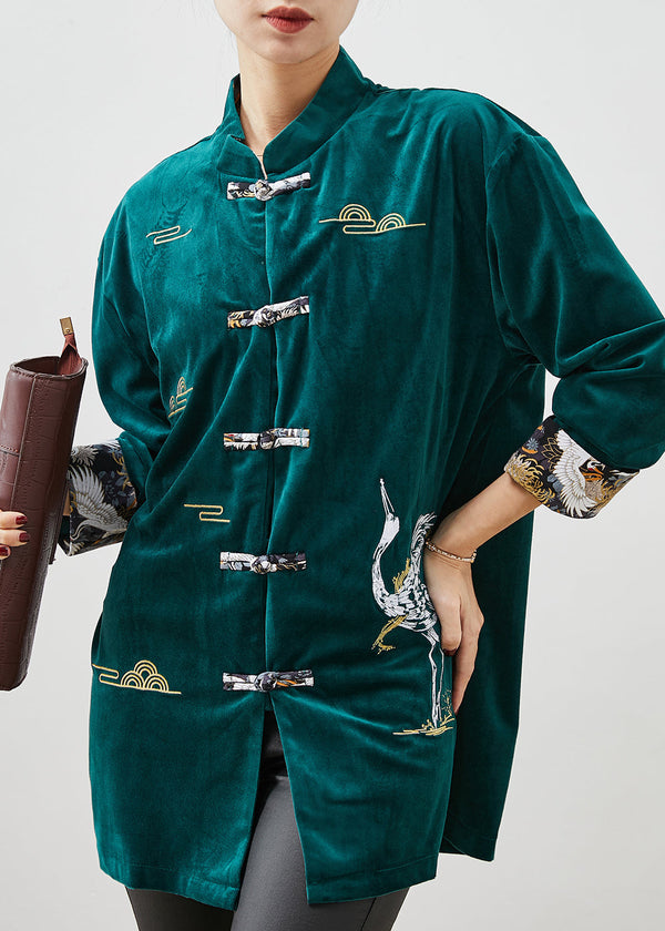 Peacock Green Velour Shirts Embroidered Chinese Button Spring YU1059 Ada Fashion