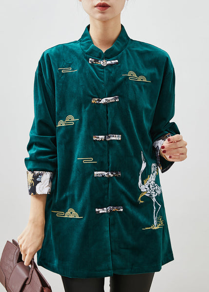 Peacock Green Velour Shirts Embroidered Chinese Button Spring YU1059 Ada Fashion