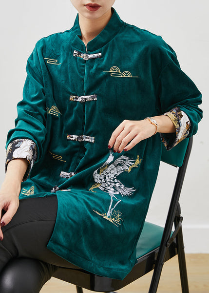 Peacock Green Velour Shirts Embroidered Chinese Button Spring YU1059 Ada Fashion