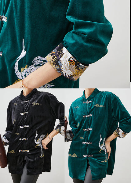Peacock Green Velour Shirts Embroidered Chinese Button Spring YU1059 Ada Fashion