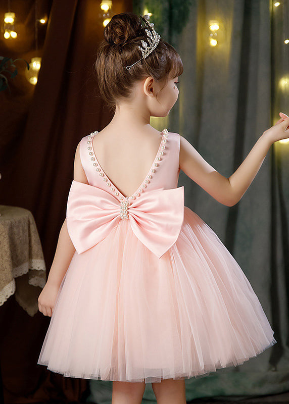 Pink Bow Pearl Patchwork Tulle Girls Dresses Backless Summer TT029 WS-JRTZSDGL240817