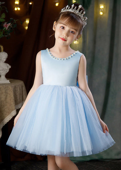 Pink Bow Pearl Patchwork Tulle Girls Dresses Backless Summer TT029 WS-JRTZSDGL240817