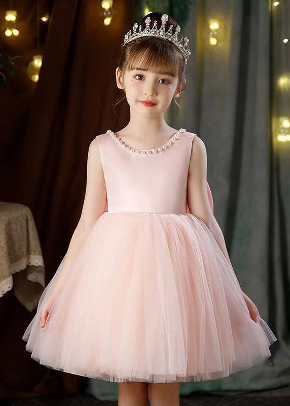 Pink Bow Pearl Patchwork Tulle Girls Dresses Backless Summer TT029 WS-JRTZSDGL240817
