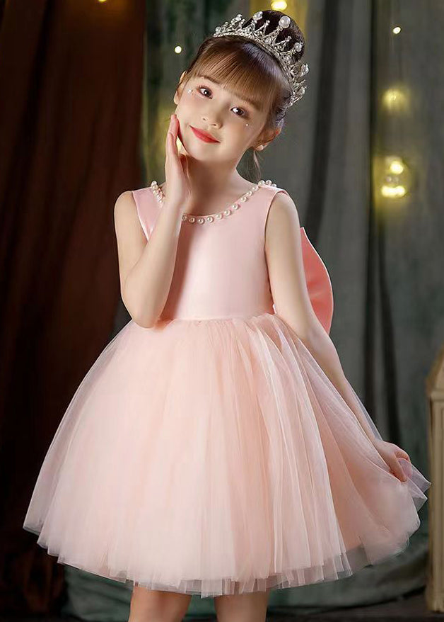 Pink Bow Pearl Patchwork Tulle Girls Dresses Backless Summer TT029 WS-JRTZSDGL240817